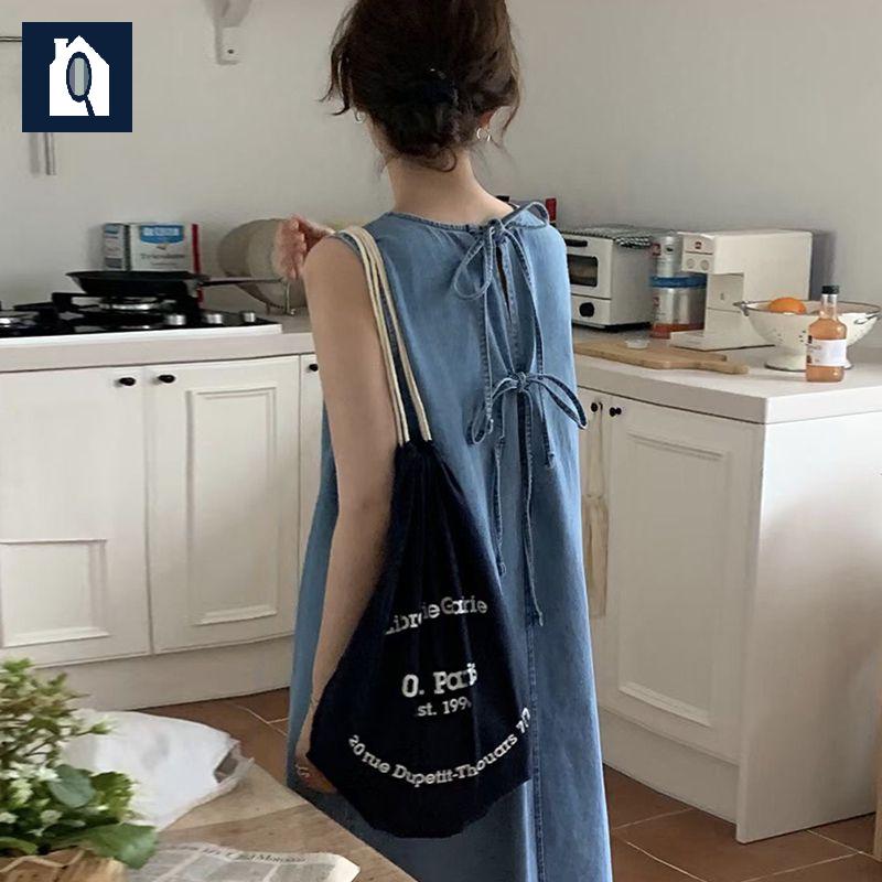 데님 라운드넥 루즈핏 여름 민소매 백리스 롱원피스 여성 조끼 - 상품 이미지