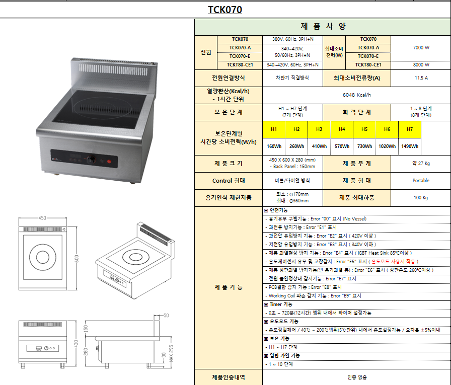 디포인덕션 1구 높은렌지 7KW 업소용 고화력 영업용 이동형 식당 전기레인지 TCK070 - 상세 이미지 3