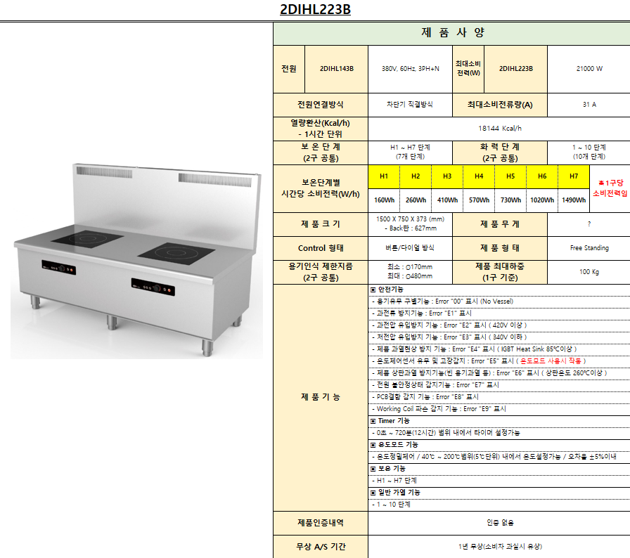 디포인덕션 2구 낮은렌지 21KW 업소용 고화력 영업용 식당 전기레인지 2DIHL223B - 상세 이미지 4