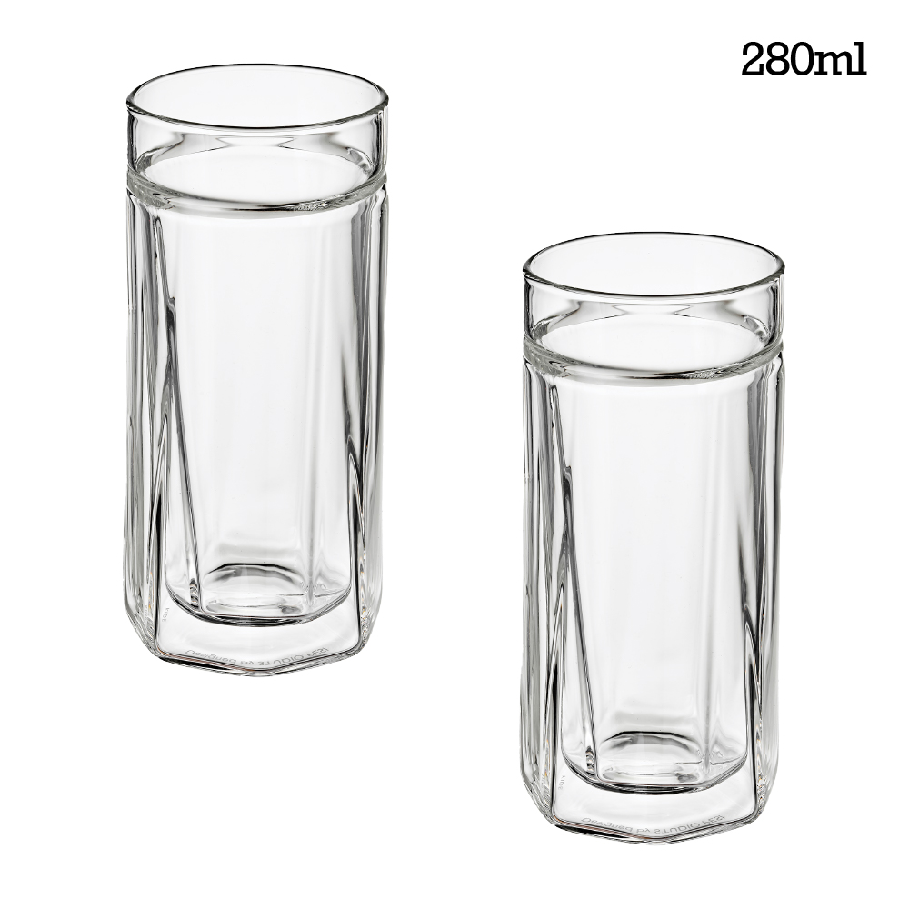 키데 글라스 더블월 결로방지 이중 내열 잔 유리컵 280ml, 2개, 크리스탈 클리어