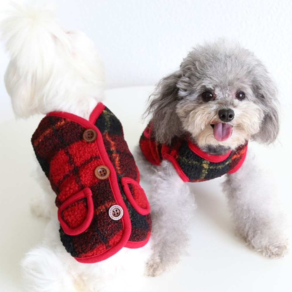 강아지 옷 티셔츠 조끼 체크 무늬 귀여운 단추 겨울 따뜻한 소형견 예쁜 애견 말티즈 - 상품 이미지
