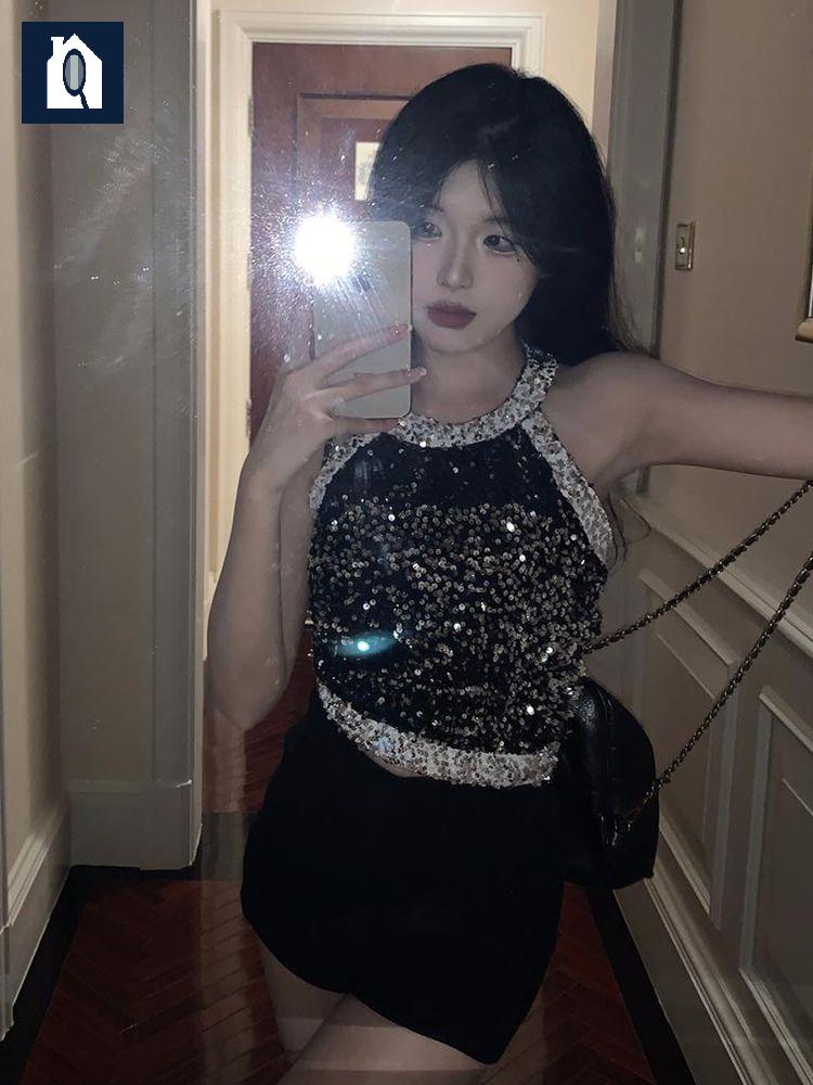 홀터넥 탑 반짝이 스팽글 무대 티셔츠 여름 댄서 나시 캐주얼 글리터 - 상세 이미지 4