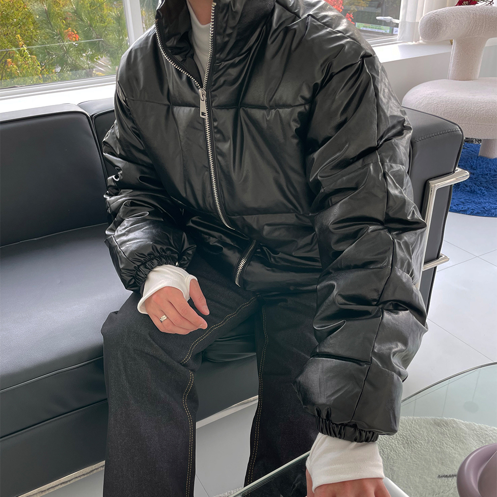 남자 숏패딩 오버핏 레더 웰론 점퍼 커플 패딩