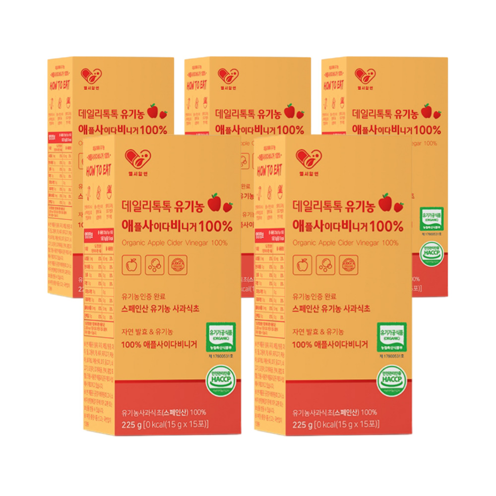 헬시알엔 데일리톡톡 유기농 애사비 애플 사이다 비니거 휴대용 스틱 마시는 자연 발효 사과 초모 식초 비네거 225ml, 5개