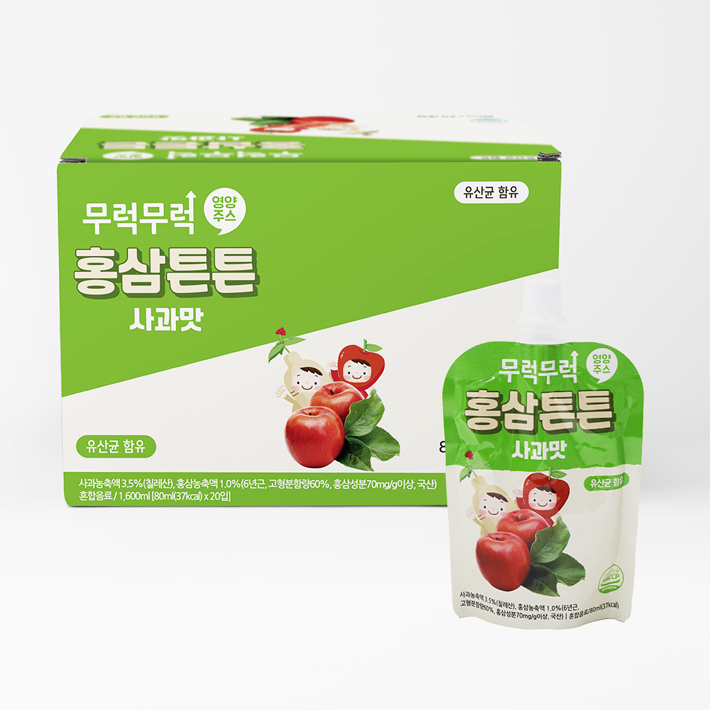 [14:00 이전 주문 당일 출고] 무럭무럭 홍삼튼튼 유산균 주스 1박스 아기간식 어린이음료 착즙 사과, 80ml, 20개