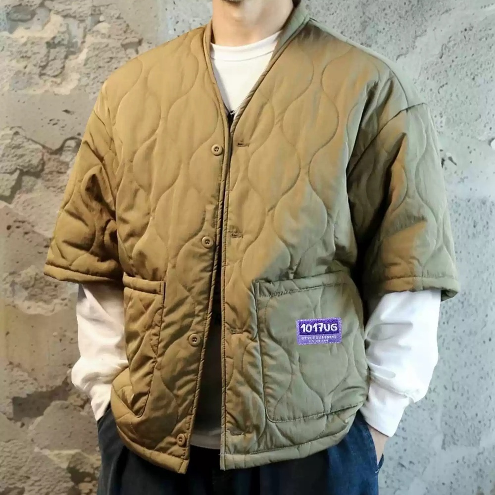 브이넥 일본풍 반팔패딩 빅사이즈 오버핏 남자 가을 겨울 시티보이룩 스트릿 패션 2컬러 - 상품 이미지