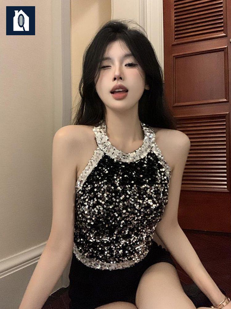 홀터넥 탑 반짝이 스팽글 무대 티셔츠 여름 댄서 나시 캐주얼 글리터 - 상품 이미지