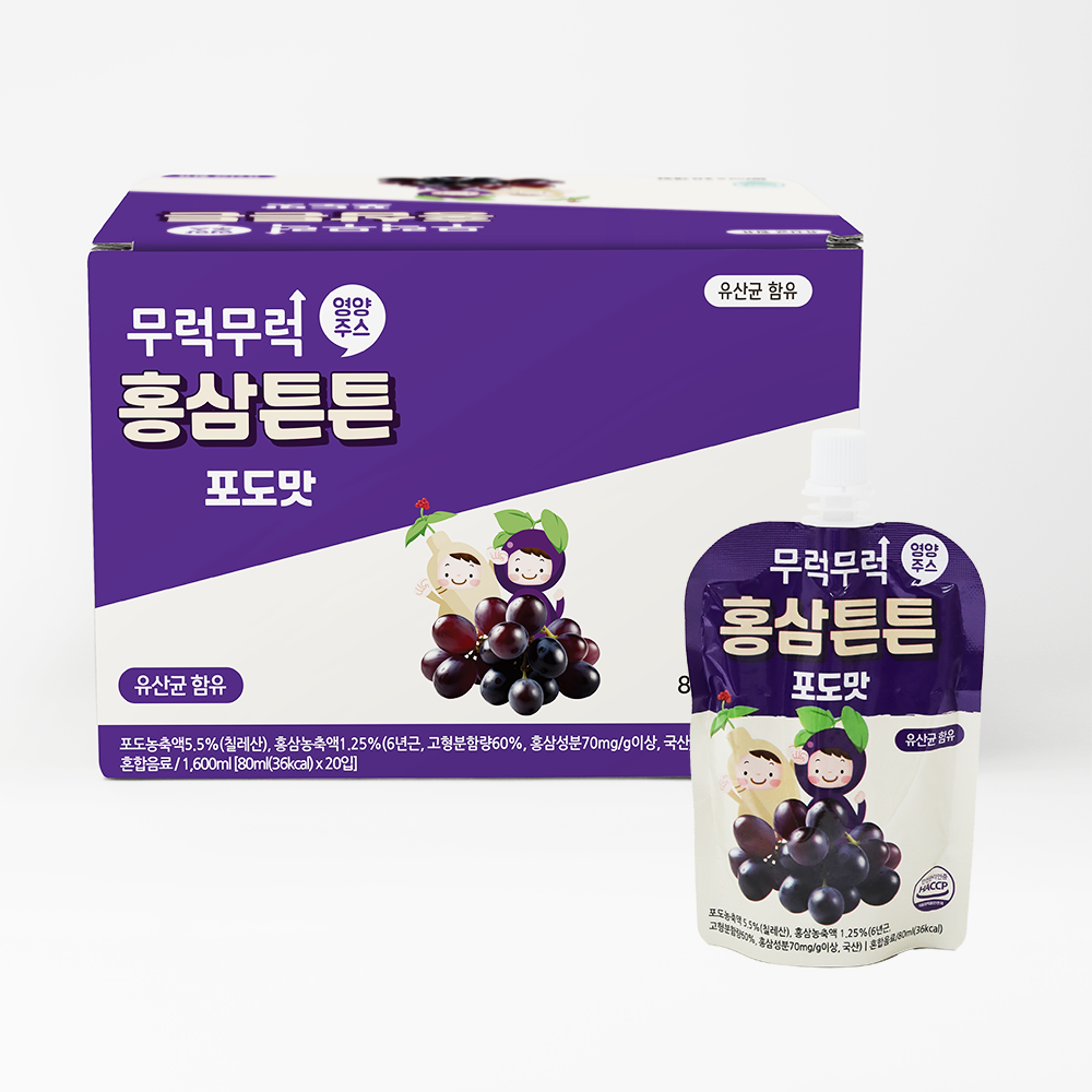 [14:00 이전 주문 당일 출고] 무럭무럭 홍삼튼튼 유산균 주스 1박스 아기간식 어린이음료 착즙 포도, 80ml, 20개
