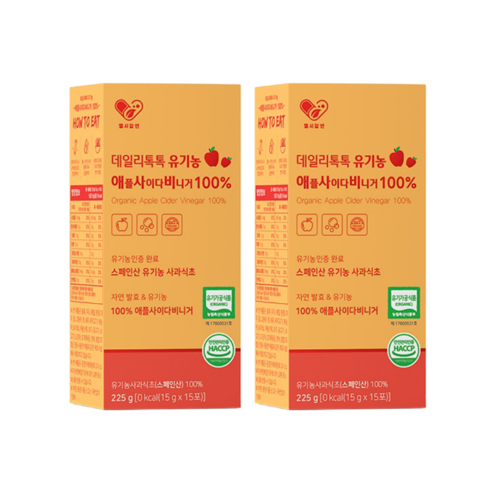 헬시알엔 데일리톡톡 유기농 애사비 애플 사이다 비니거 휴대용 스틱 마시는 자연 발효 사과 초모 식초 비네거 225ml, 2개