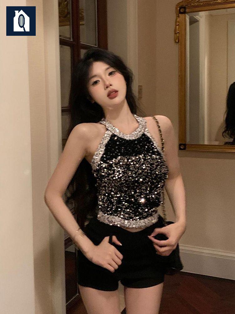 홀터넥 탑 반짝이 스팽글 무대 티셔츠 여름 댄서 나시 캐주얼 글리터 - 상세 이미지 2