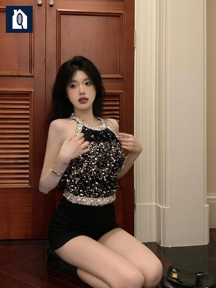 홀터넥 탑 반짝이 스팽글 무대 티셔츠 여름 댄서 나시 캐주얼 글리터 - 상세 이미지 5