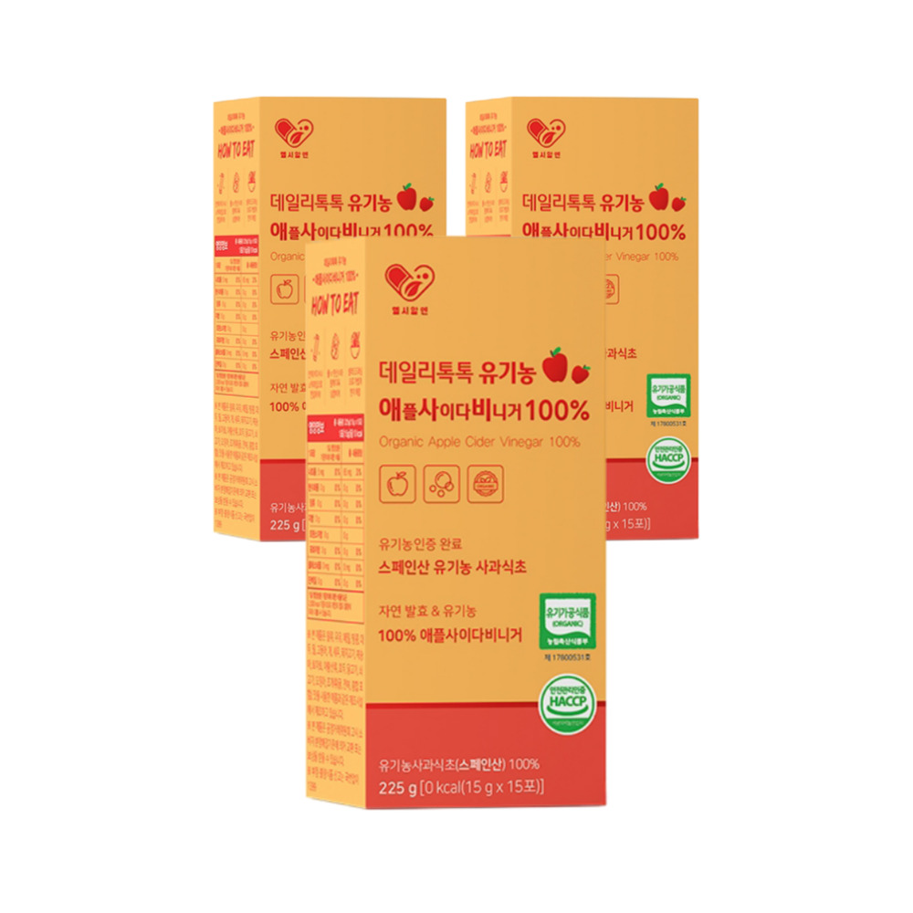 헬시알엔 데일리톡톡 유기농 애사비 애플 사이다 비니거 휴대용 스틱 마시는 자연 발효 사과 초모 식초 비네거 225ml, 3개