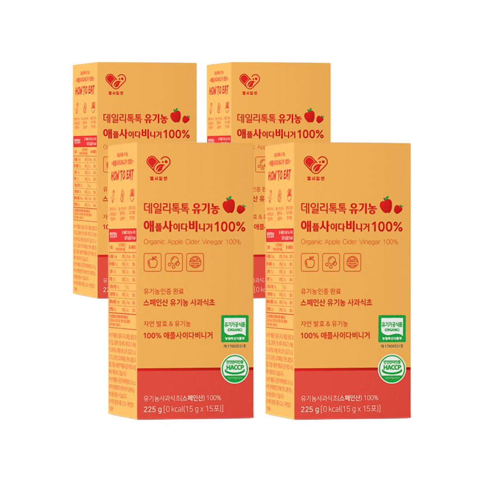 헬시알엔 데일리톡톡 유기농 애사비 애플 사이다 비니거 휴대용 스틱 마시는 자연 발효 사과 초모 식초 비네거 225ml, 4개