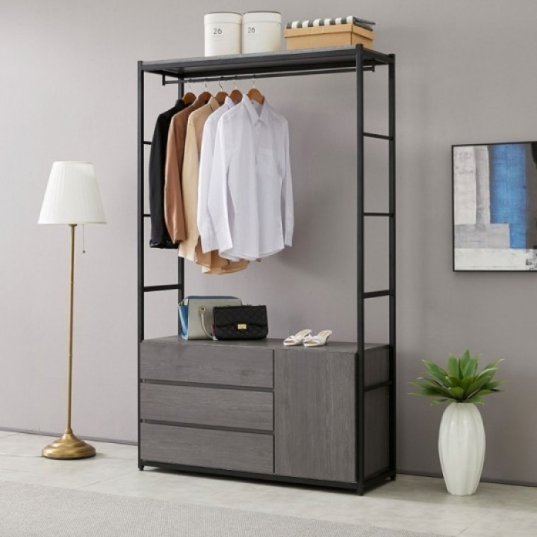 가구산책 그레이 4125 3단서랍 수납 철제선반 행거시스템장 RV977