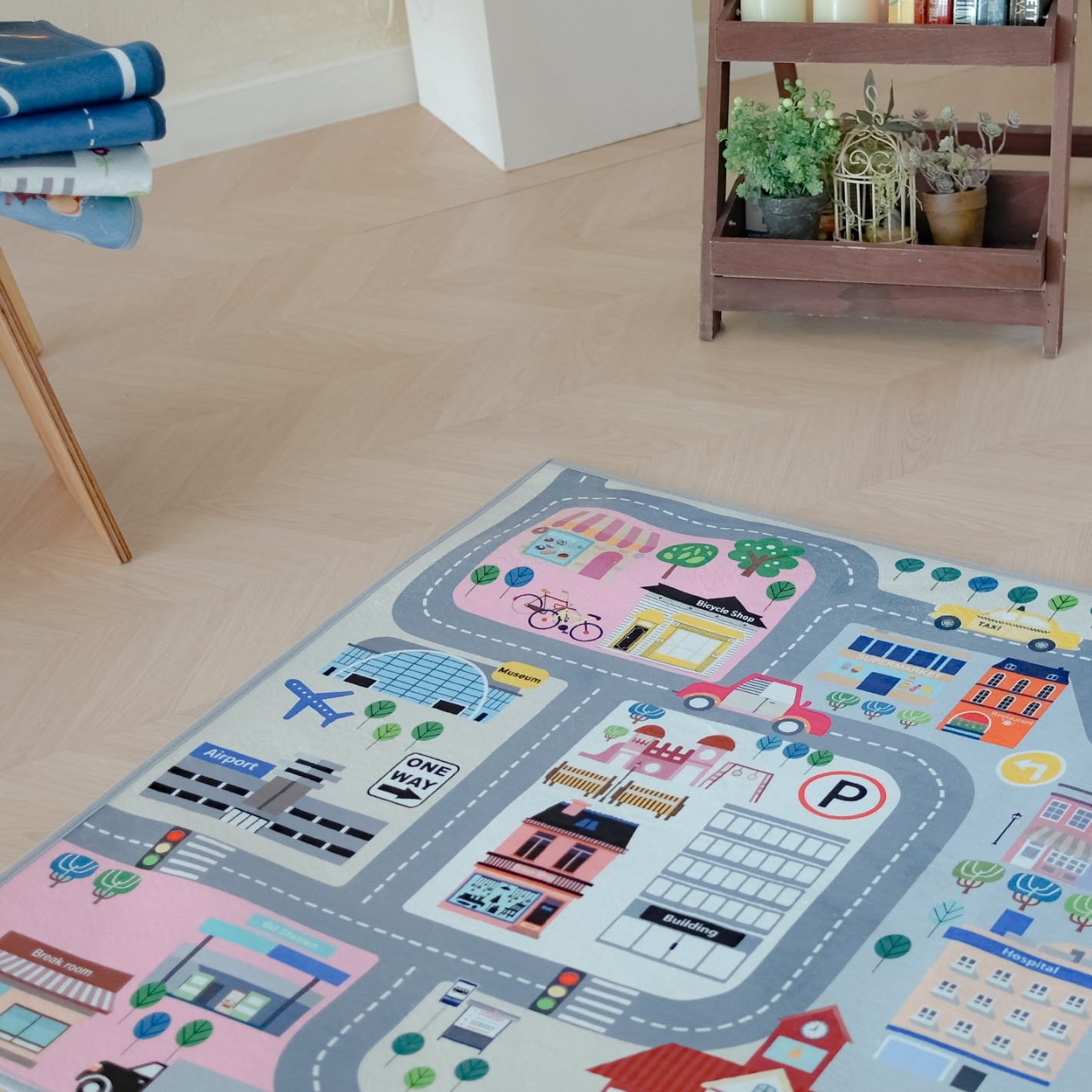 키즈러그 유아 우리동네여행 어린이 놀이 보온 자동차 도로매트 먼지없는 워셔블 우리마을러그