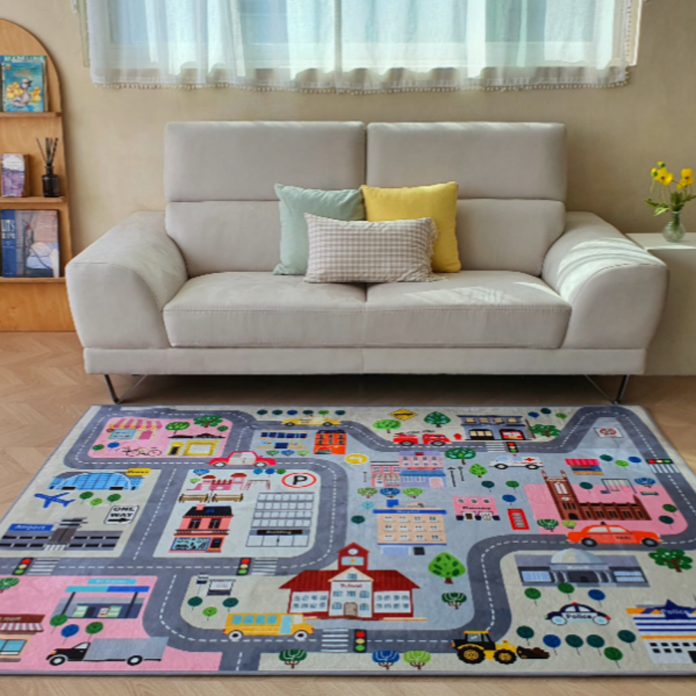 키즈러그 유아 우리동네여행 어린이 놀이 보온 자동차 도로매트 먼지없는 워셔블 우리마을러그