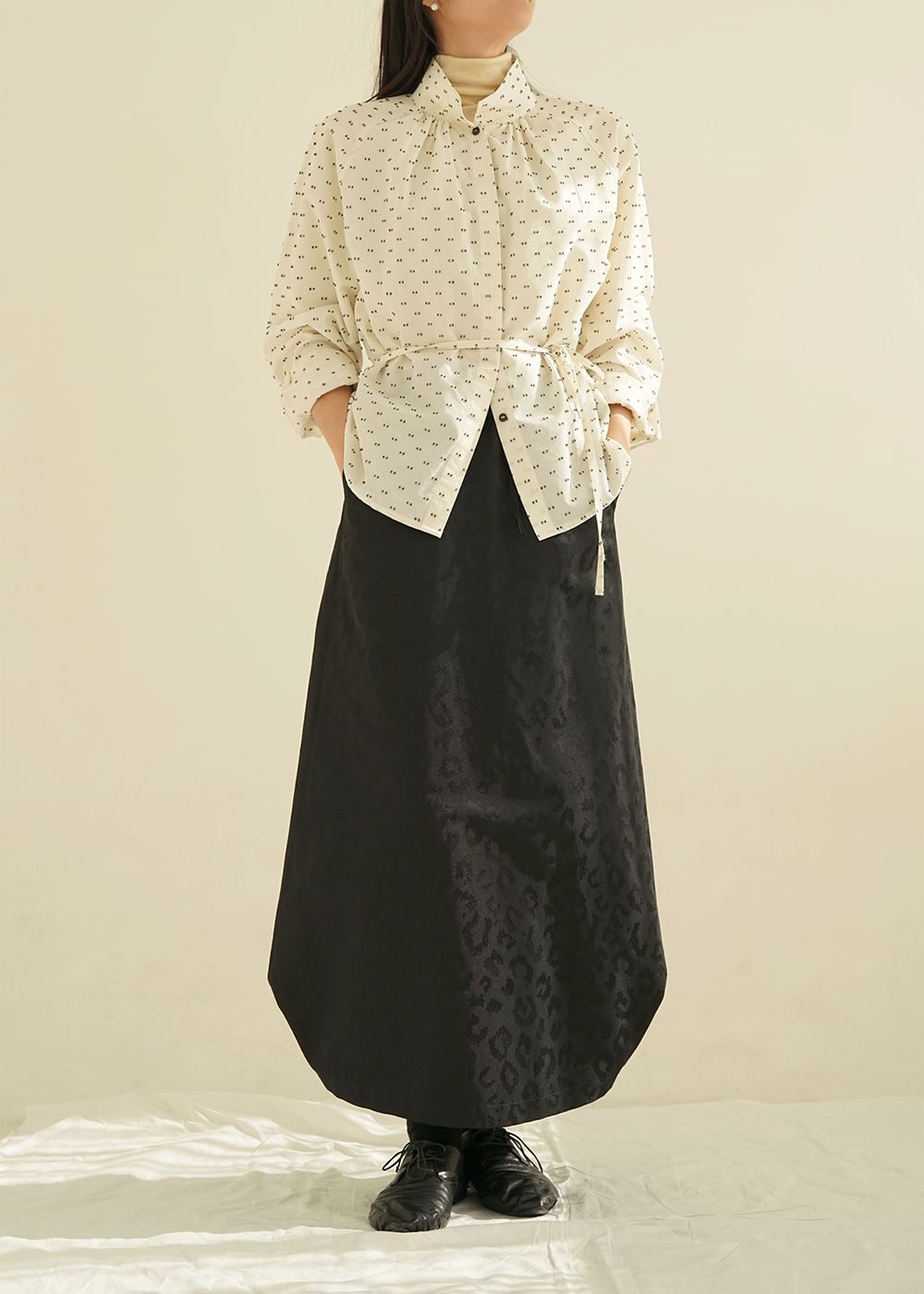 루드 디자이너 제작 블랙 레오파드 자카드 밴딩 롱 스커트 Skirt 03 세련된 A라인 H라인 호피 스커트 - 상품 이미지