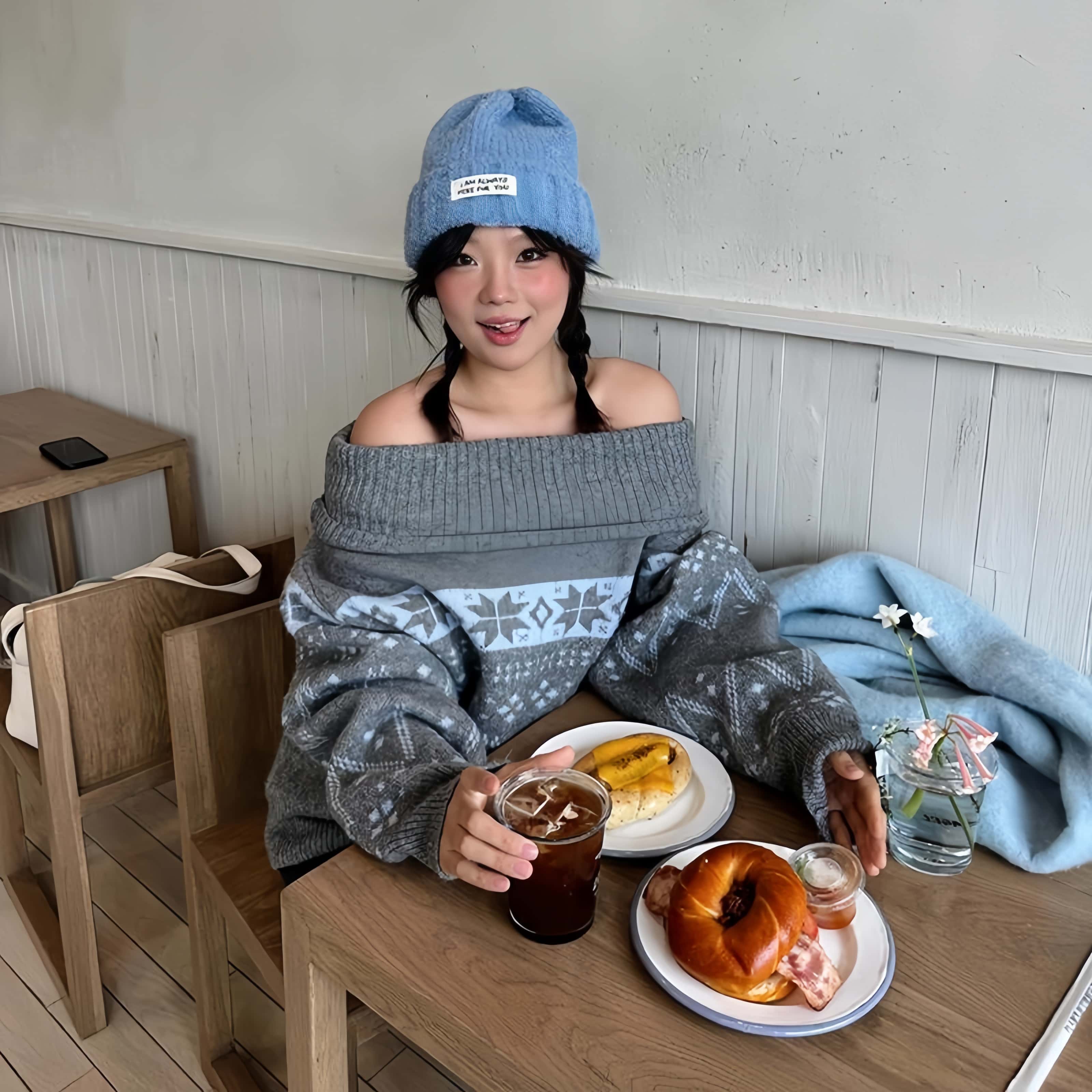 겨울 일자 오프숄더 페어 아일 니트 기모 치마바지 투피스 - 상품 이미지