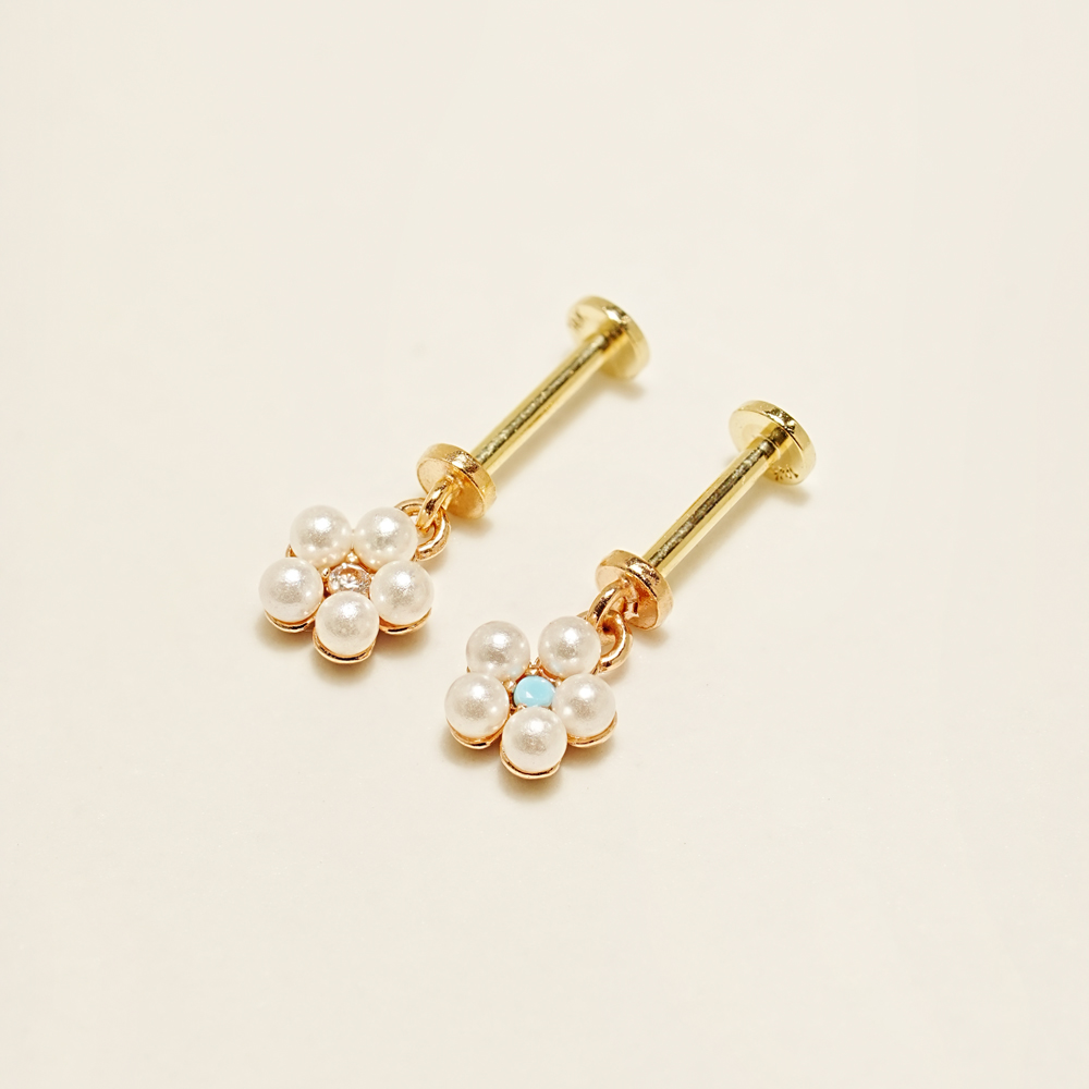 [0.8mm]14K 인터널 진주 플라워 큐빅 드롭 라블렛 피어싱 귀걸이 - 상세 이미지 5