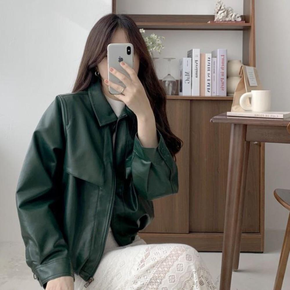 옷자락 여자 가죽봄버 페이크레더 집업 진초록 블루종 점퍼 - 상품 이미지