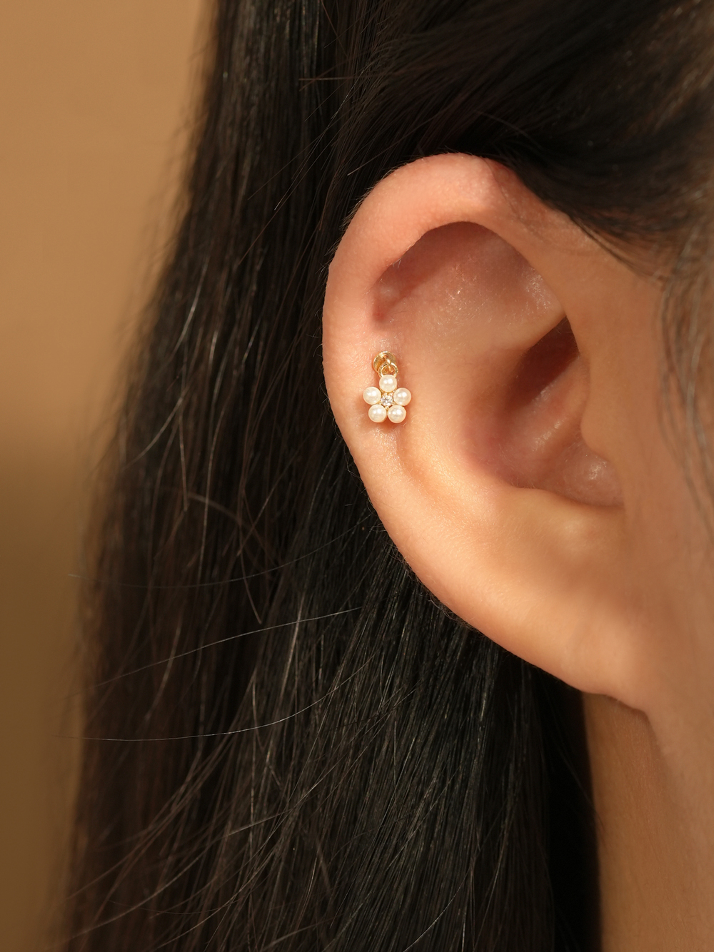 [0.8mm]14K 인터널 진주 플라워 큐빅 드롭 라블렛 피어싱 귀걸이 이미지 7