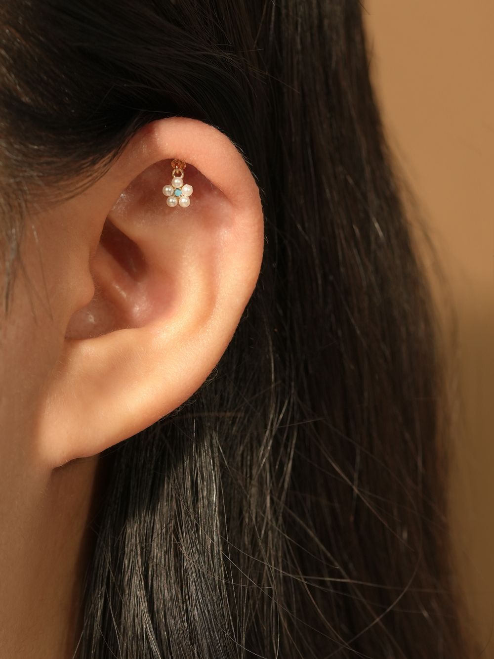 [0.8mm]14K 인터널 진주 플라워 큐빅 드롭 라블렛 피어싱 귀걸이 이미지 8