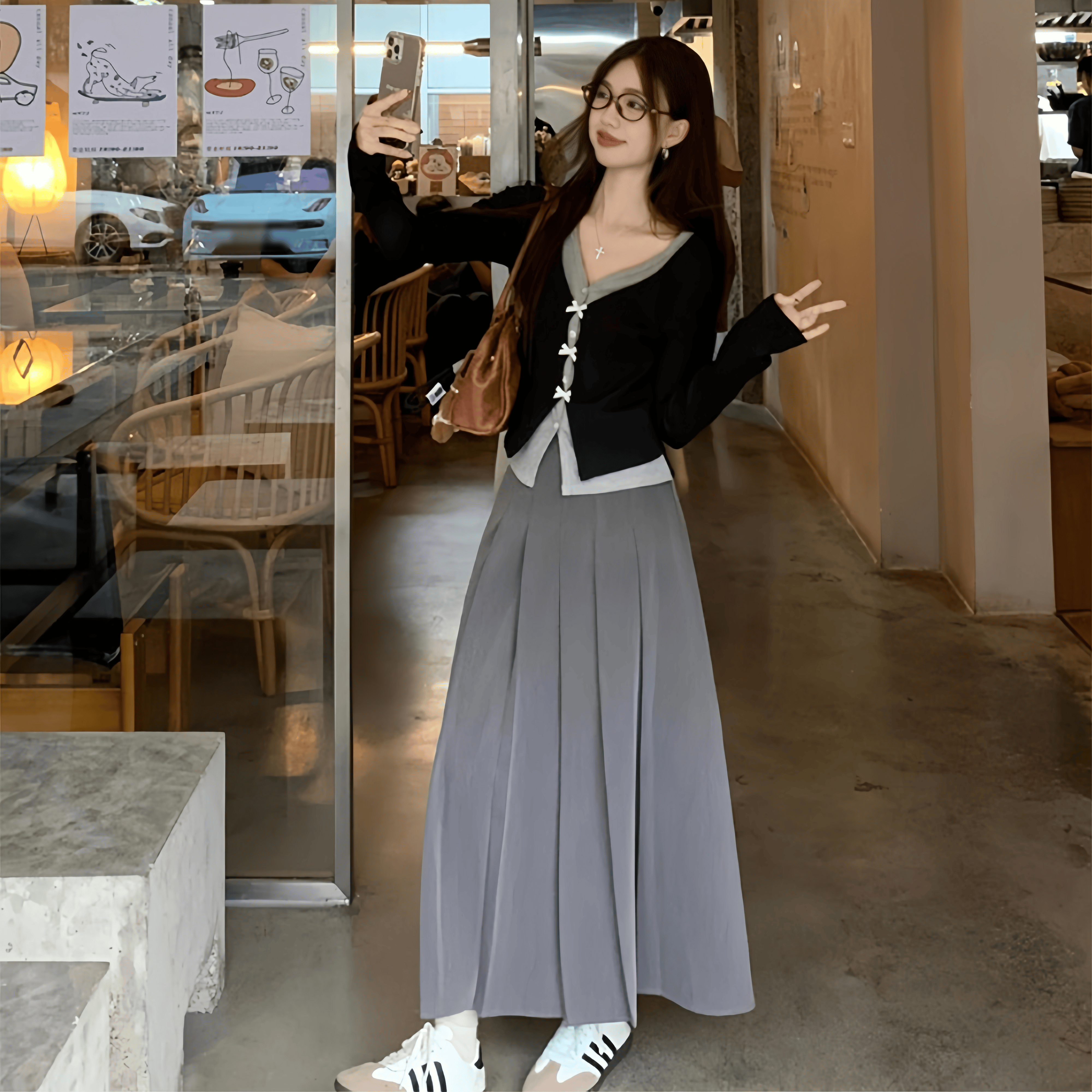 리본 레이어드 니트 가디건 하이웨스트 플리츠 롱스커트 투피스[벨트 무료선물] - 상세 이미지 4