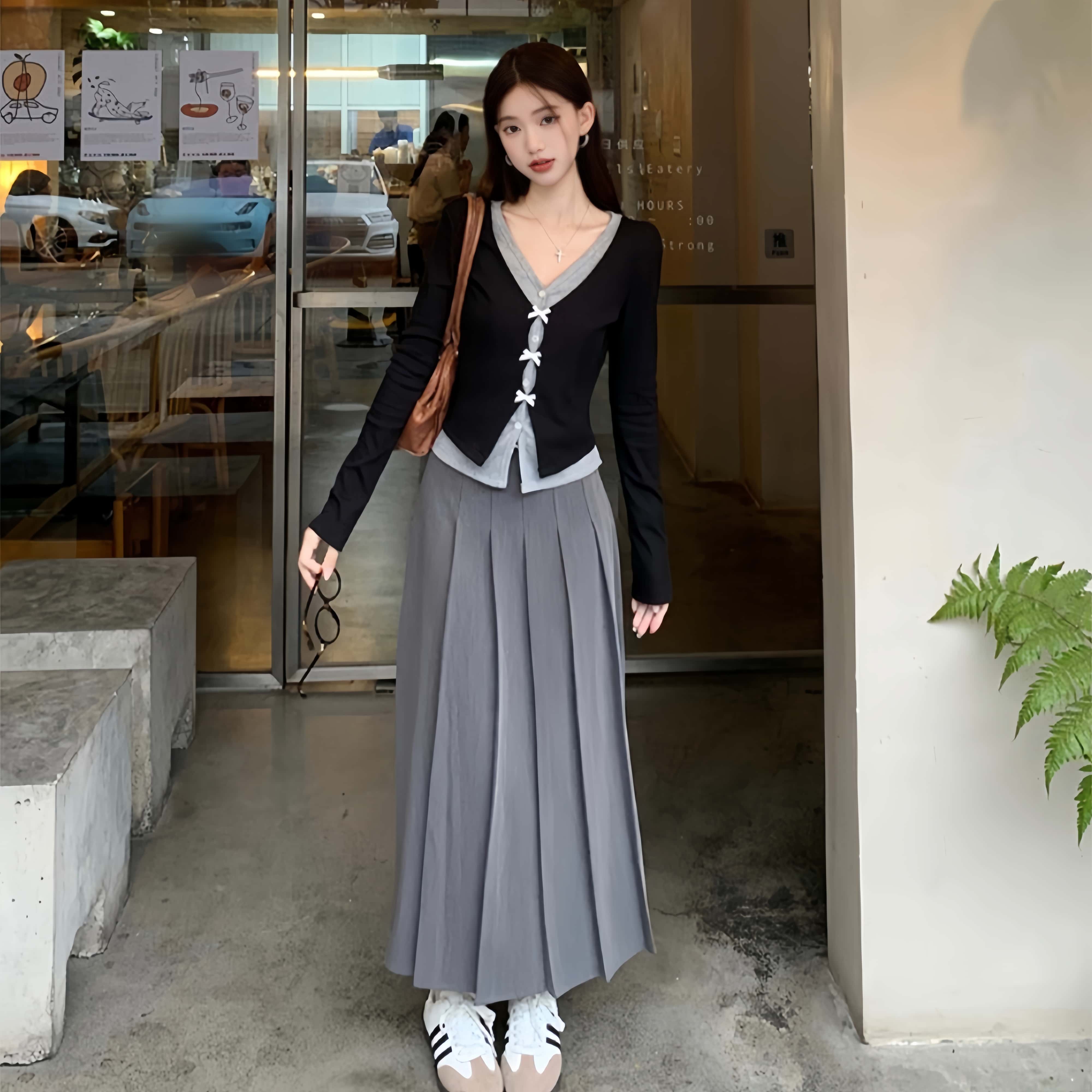 리본 레이어드 니트 가디건 하이웨스트 플리츠 롱스커트 투피스[벨트 무료선물] - 상세 이미지 5