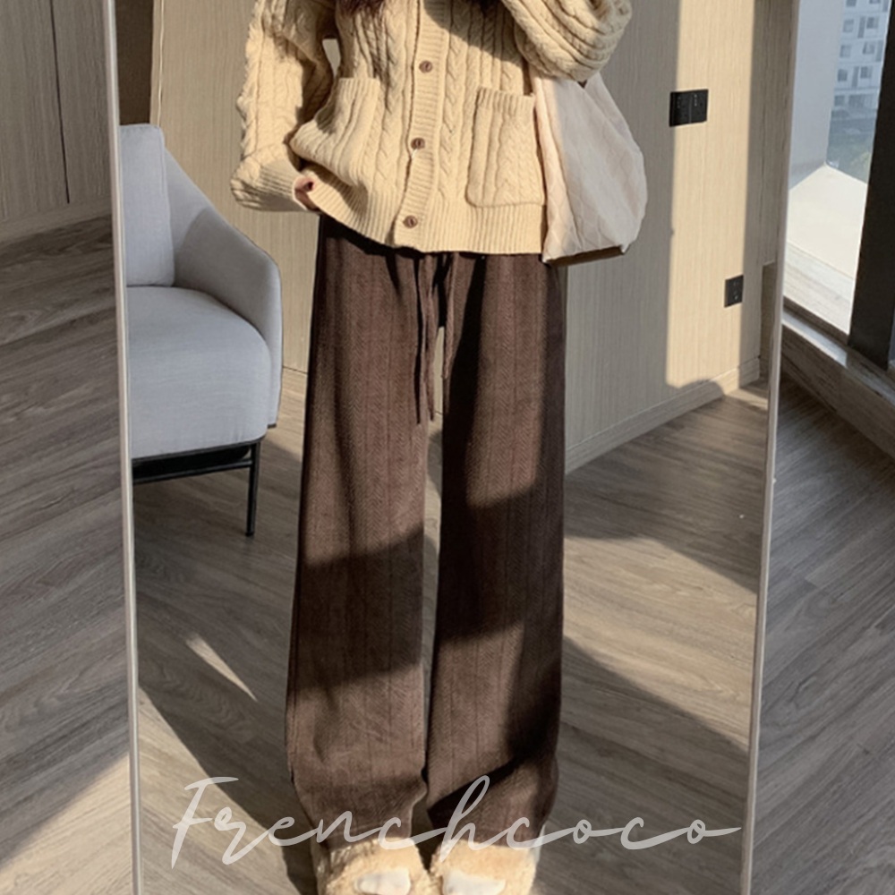 프렌치코코 헤링본 코듀로이 밍크 와이드 밴딩 팬츠 하이웨스트 일자 - 메인 이미지
