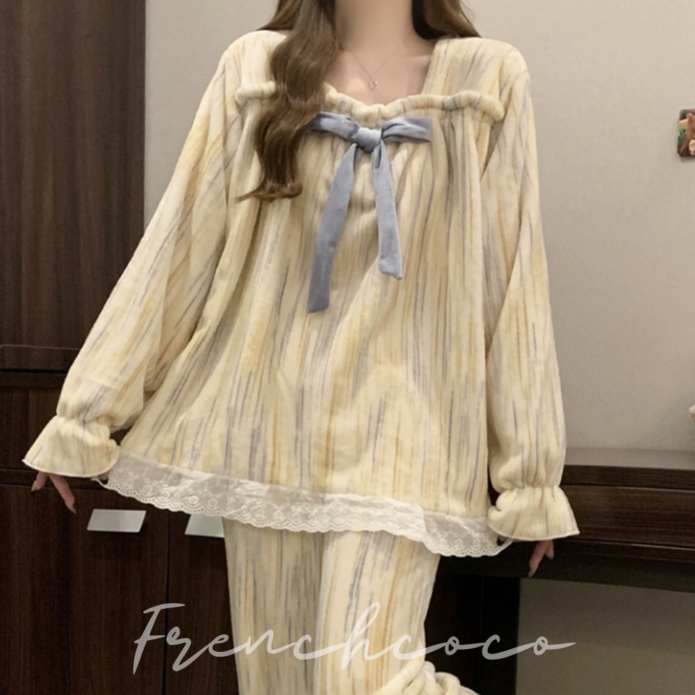 프렌치코코 공주 극세사 파자마 원피스 상하세트 스퀘어넥 레이스 리본 프릴 태슬 겨울 - 상품 이미지