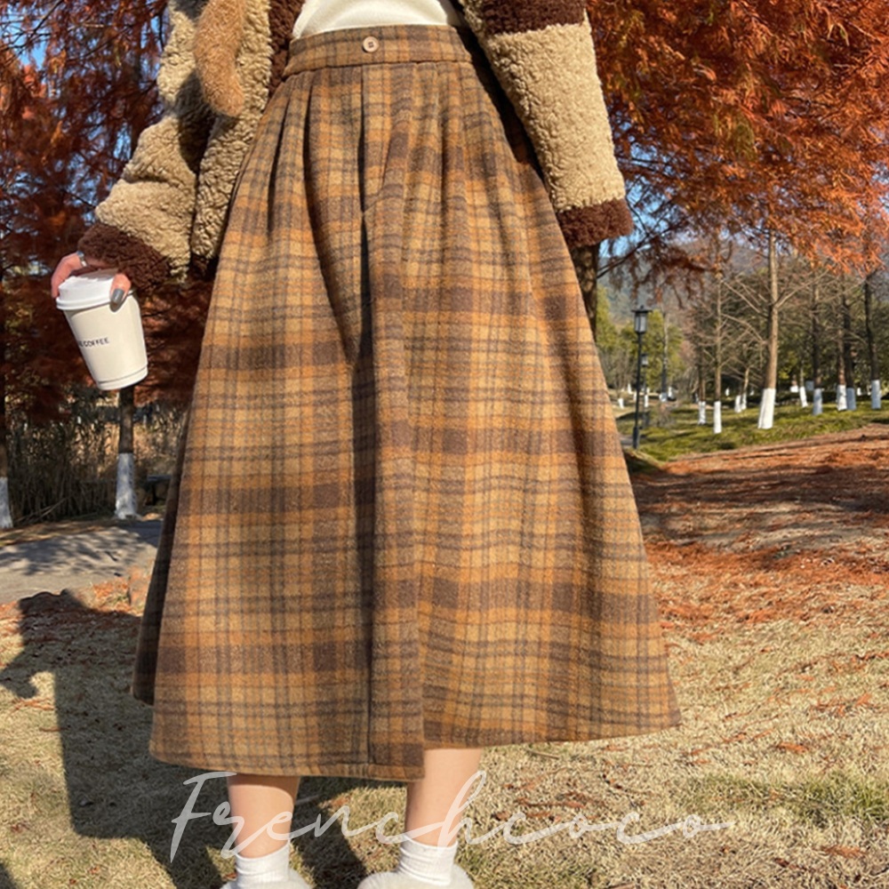 프렌치코코 기모 울 치마 체크 뒷밴딩 플레어 롱 스커트 핀턱 A라인 - 메인 이미지
