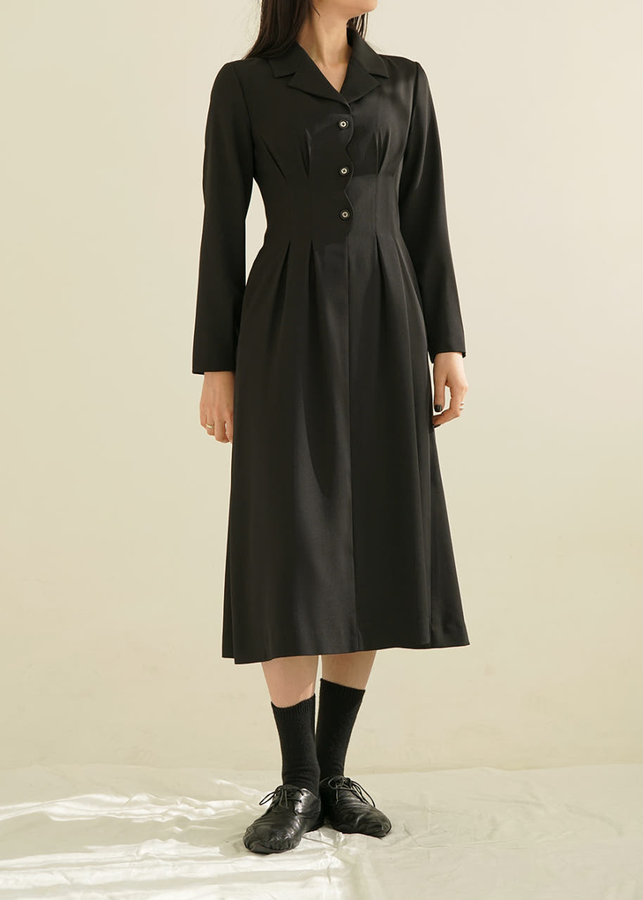 루드 디자이너 제작 스캘럽 디테일 블랙 테일러드 롱 원피스 A라인 하객 원피스 오피스룩