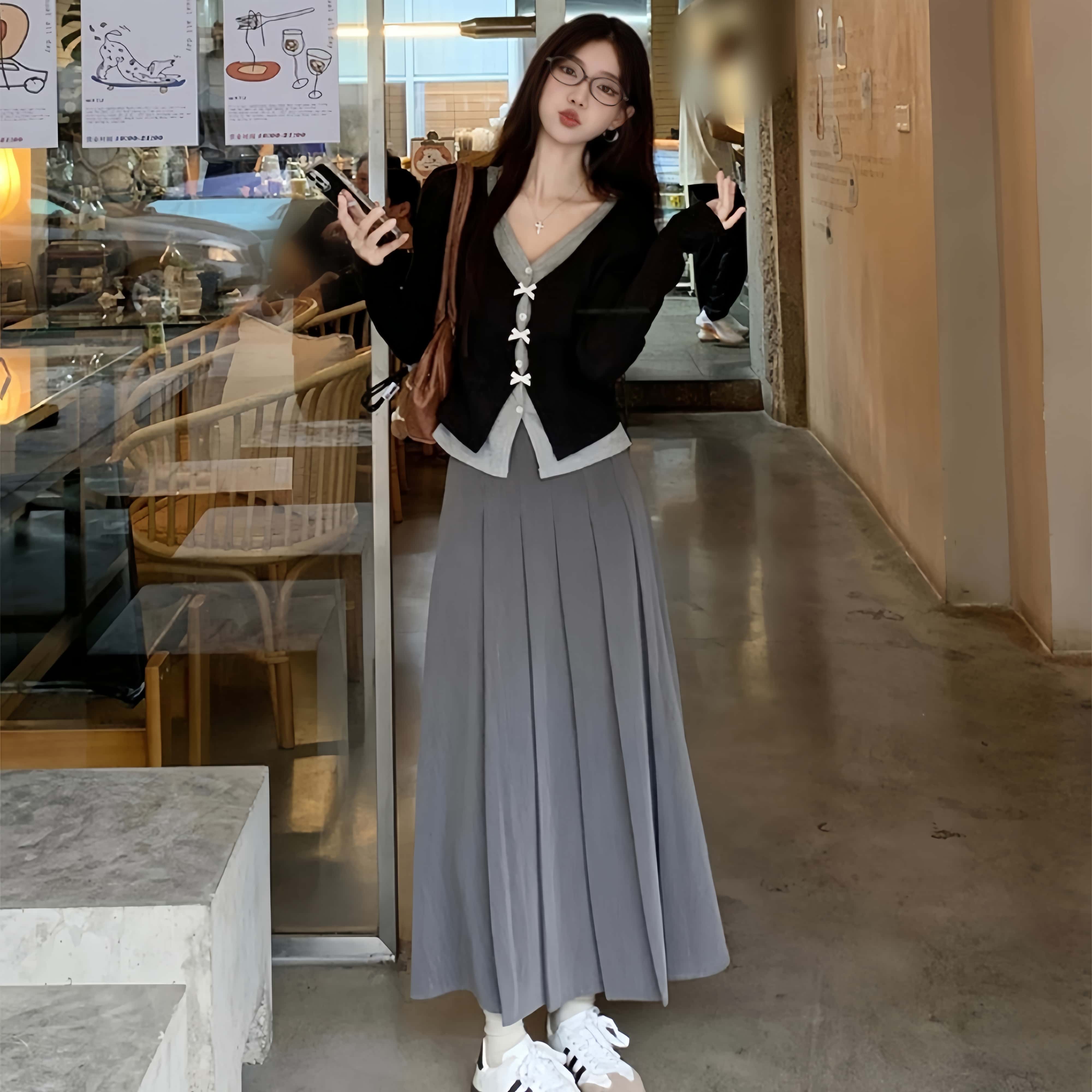 리본 레이어드 니트 가디건 하이웨스트 플리츠 롱스커트 투피스[벨트 무료선물] - 상세 이미지 2