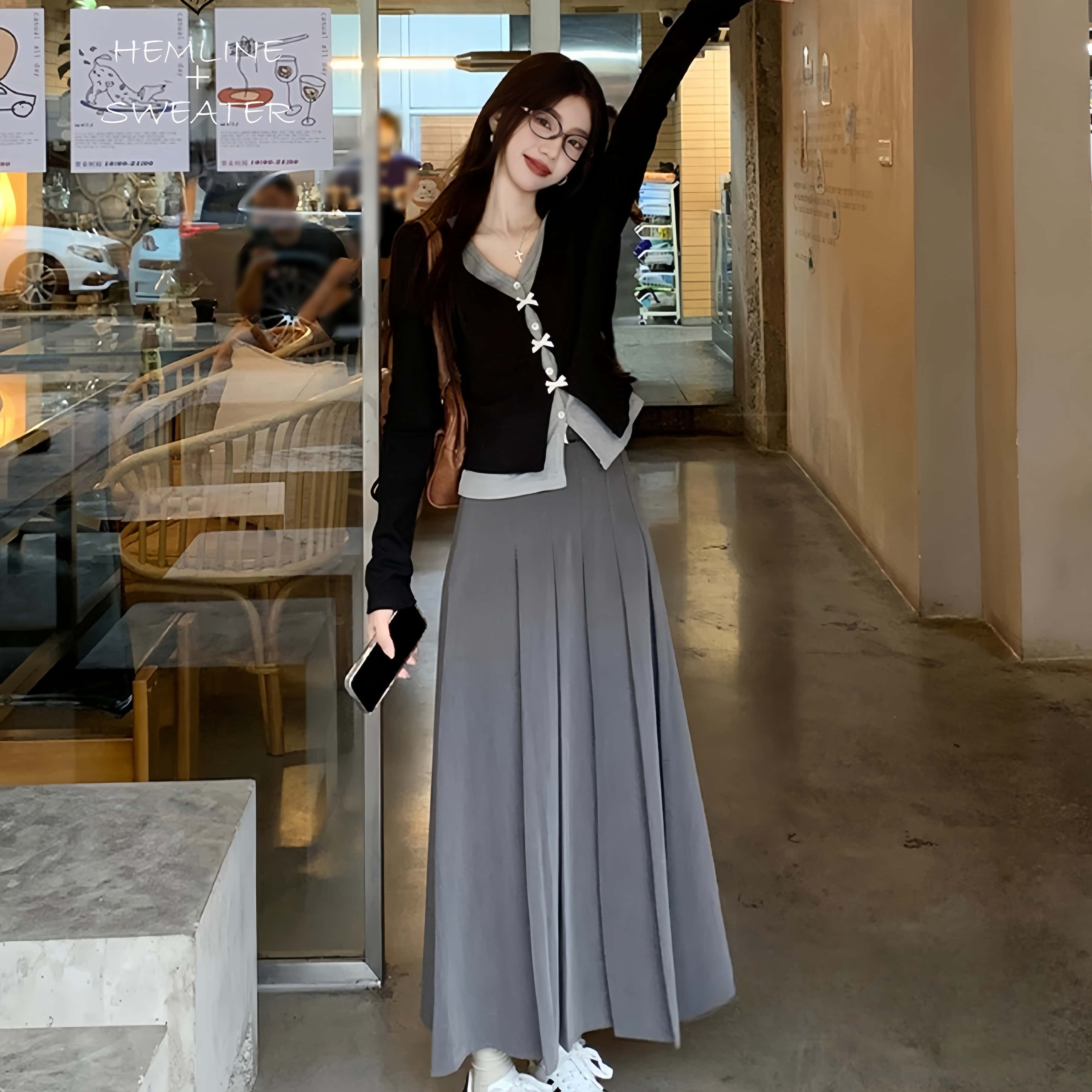 리본 레이어드 니트 가디건 하이웨스트 플리츠 롱스커트 투피스[벨트 무료선물]