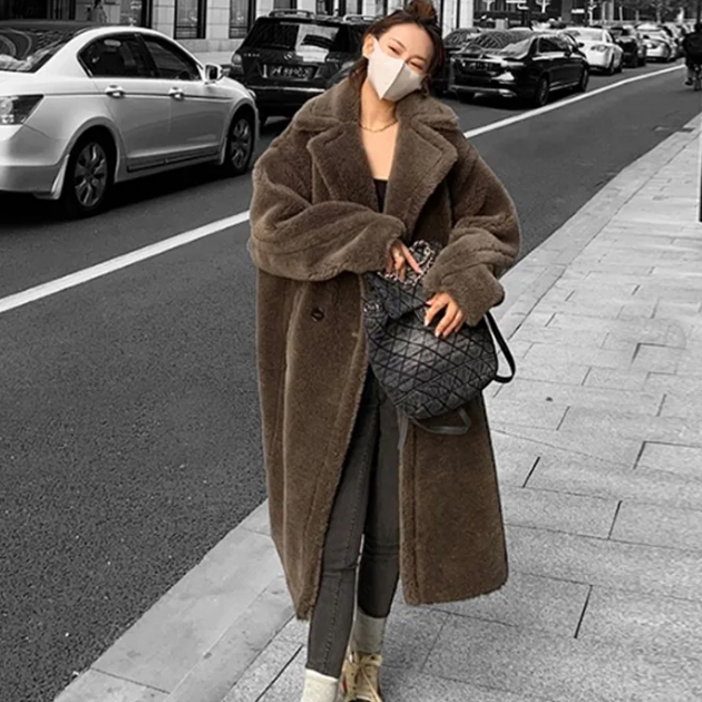 겨울 데일리 오버핏 캐시미어 테디베어 코트 여성 따뜻한 양털 아우터 롱, 카키브라운, FREE(One size) - 메인 이미지