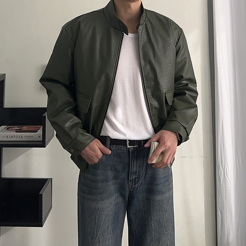 남자 겨울자켓 오버핏 누빔 차이나카라 레더 가죽 자켓