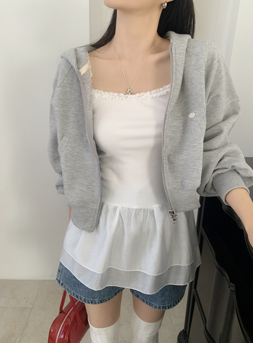 위어 리본 후드 집업 봄 자수 레글런 후디 발레코어 핑크 세미크롭 반 크롭 데일리 점퍼 3color 상세 이미지 15