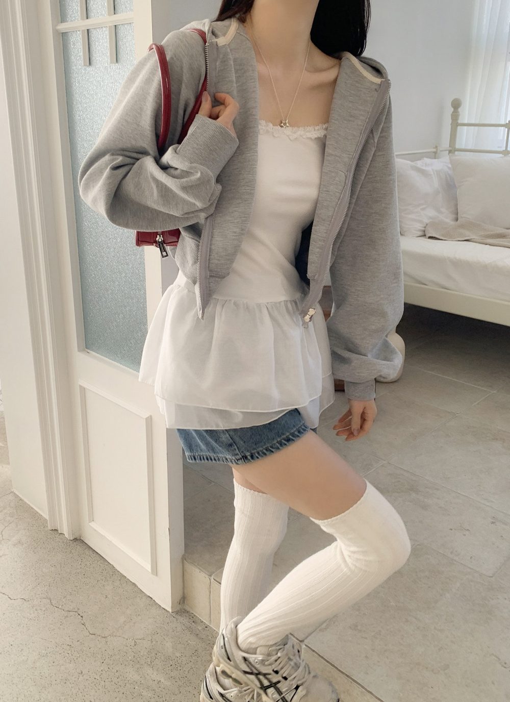 위어 리본 후드 집업 봄 자수 레글런 후디 발레코어 핑크 세미크롭 반 크롭 데일리 점퍼 3color 상세 이미지 12