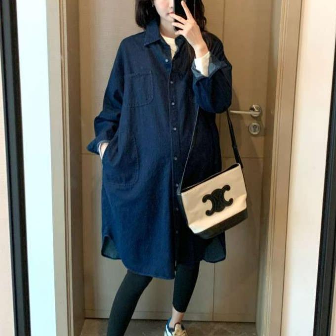 봄 가을 신상 임산부 데님 셔츠 원피스 미들 길이