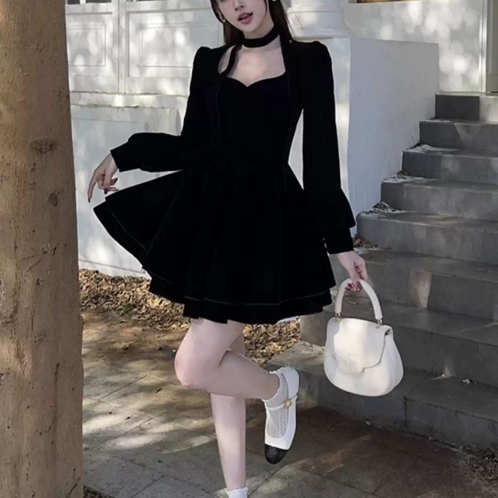 벨벳 넥타이 원피스 블랙 드레스 가을 겨울 생일 연말 파티 스퀘어넥 연주회 코스프레 2컬러 - 상품 이미지
