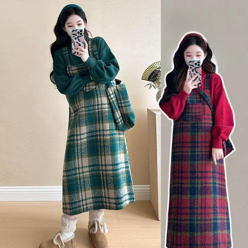 임부복 체크 멜빵 원피스 모직 가을 겨울 신상