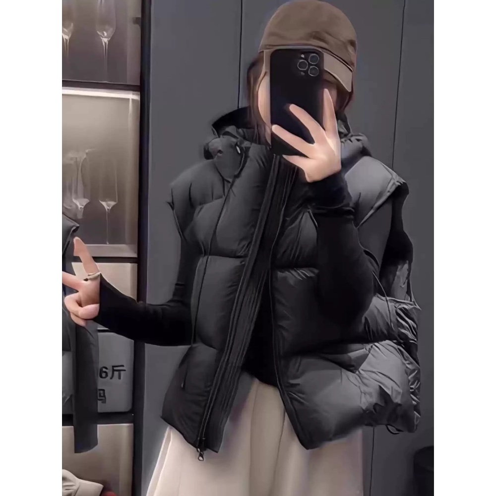 오리털 세련 패딩조끼 후드달린 루즈핏 가을겨울 레이어드 귀여운 디자인 그레이 블랙 4컬러 - 상세 이미지 5