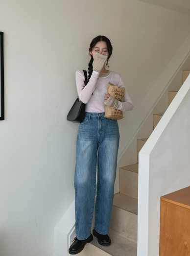 스트릿 기본 일자 세미와이드 중청 청바지 팬츠 상세 이미지 11