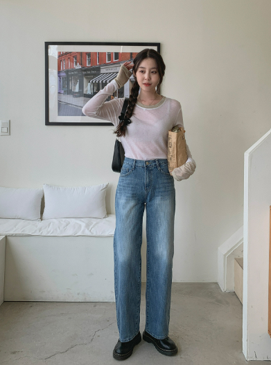 스트릿 기본 일자 세미와이드 중청 청바지 팬츠 상세 이미지 6