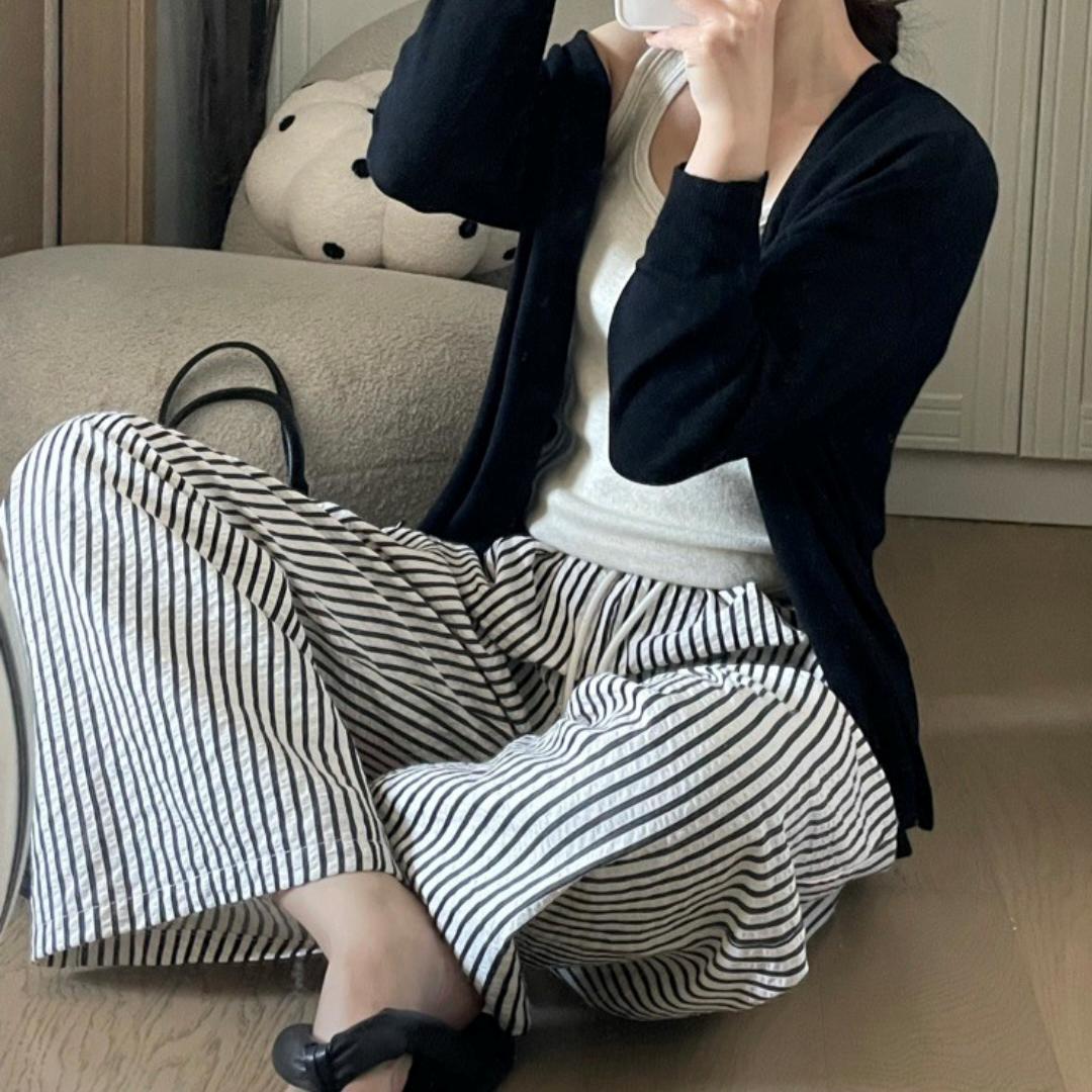 쁘렌디 블랙 스트라이프 와이드 밴딩 팬츠 시어서커 키작녀 바지 (숏/롱) - 상세 이미지 3