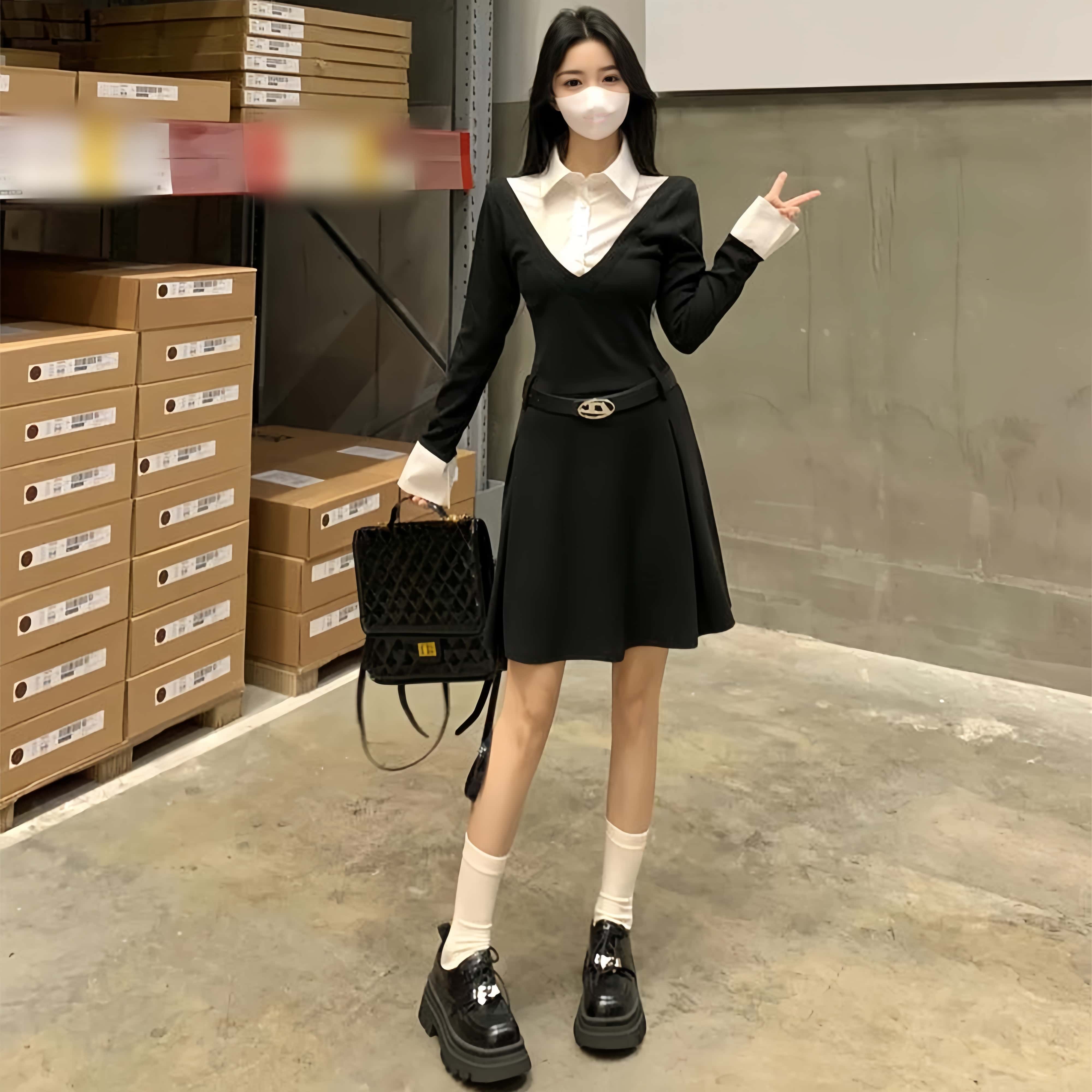 빅사이즈 레이어드 니트 셔츠 원피스 여성 슬림핏 스쿨룩 원피스[벨트 무료 선물] - 상세 이미지 5