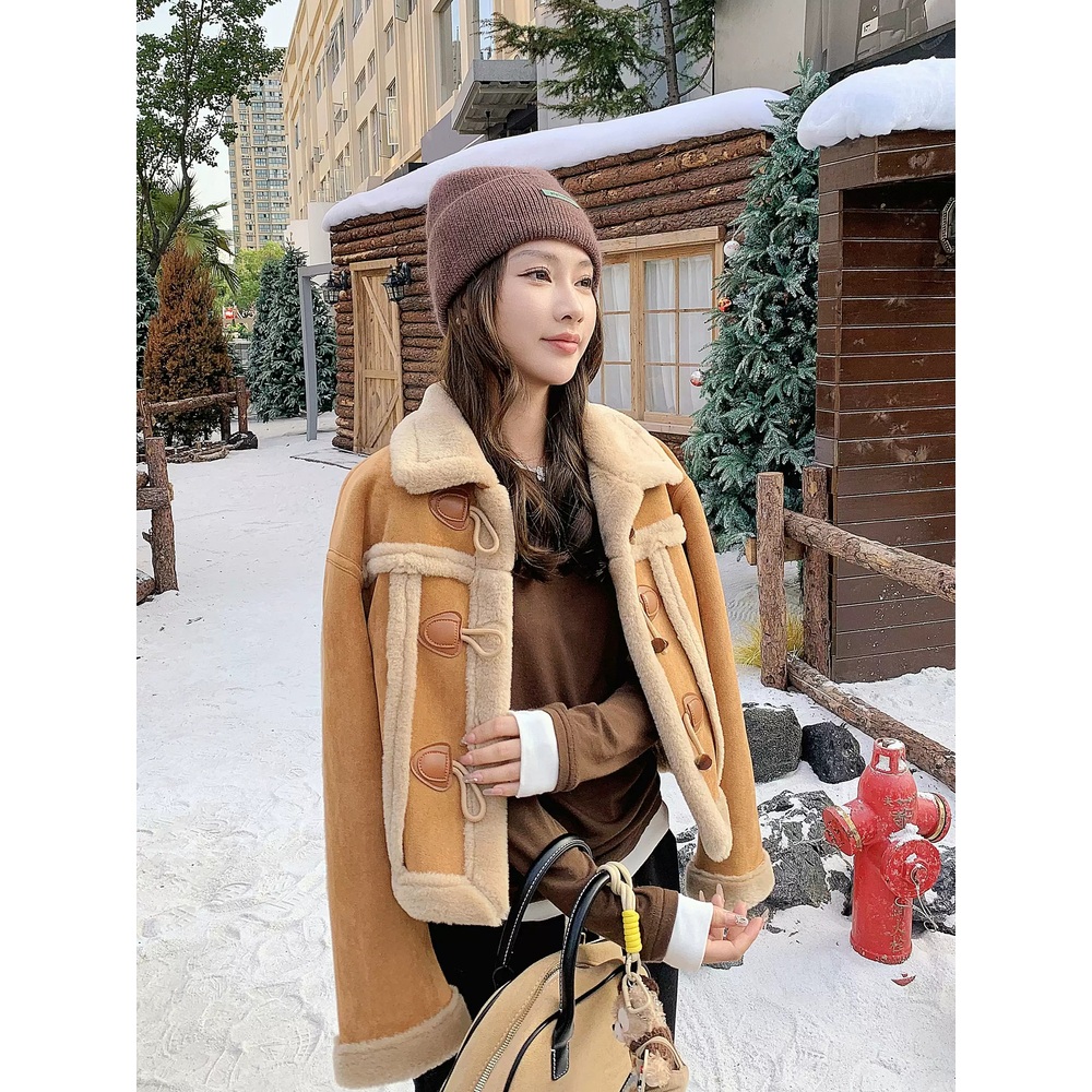 짧은 스웨이드 점퍼 인조모피 안감 코트 키작녀 힙한 클래식 디자인 데이트 가을 겨을 브라운 - 상세 이미지 3