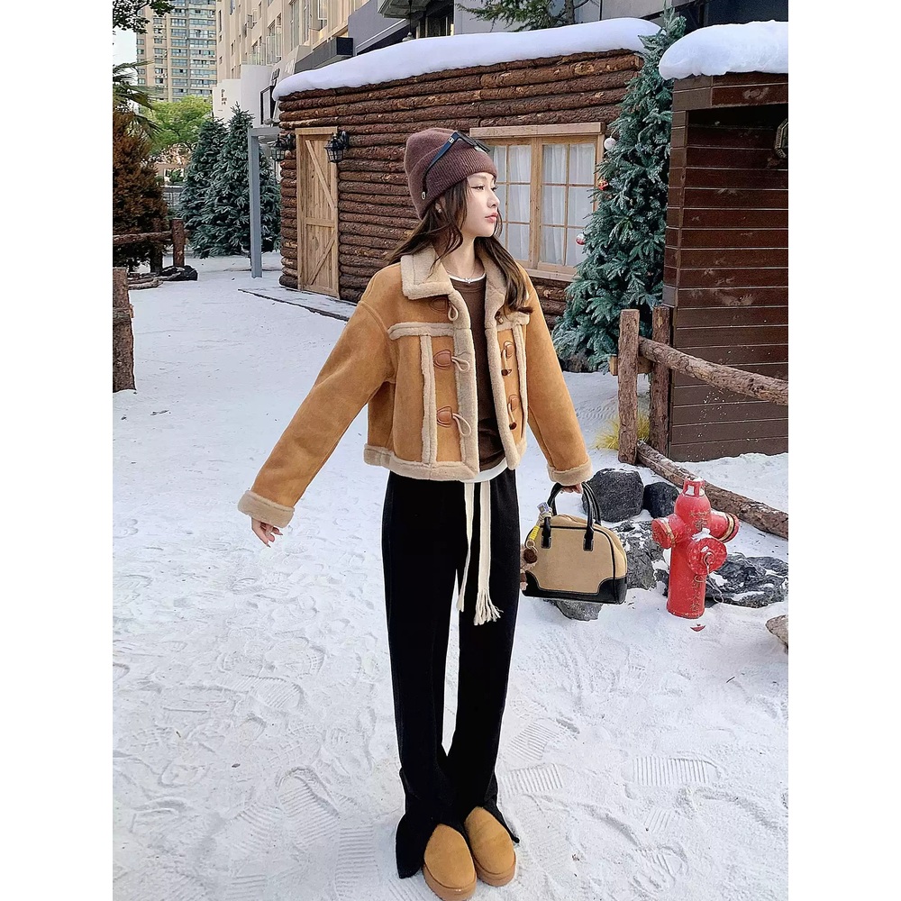 짧은 스웨이드 점퍼 인조모피 안감 코트 키작녀 힙한 클래식 디자인 데이트 가을 겨을 브라운 - 상세 이미지 5