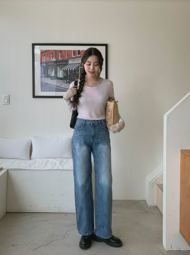 스트릿 기본 일자 세미와이드 중청 청바지 팬츠 상세 이미지 3