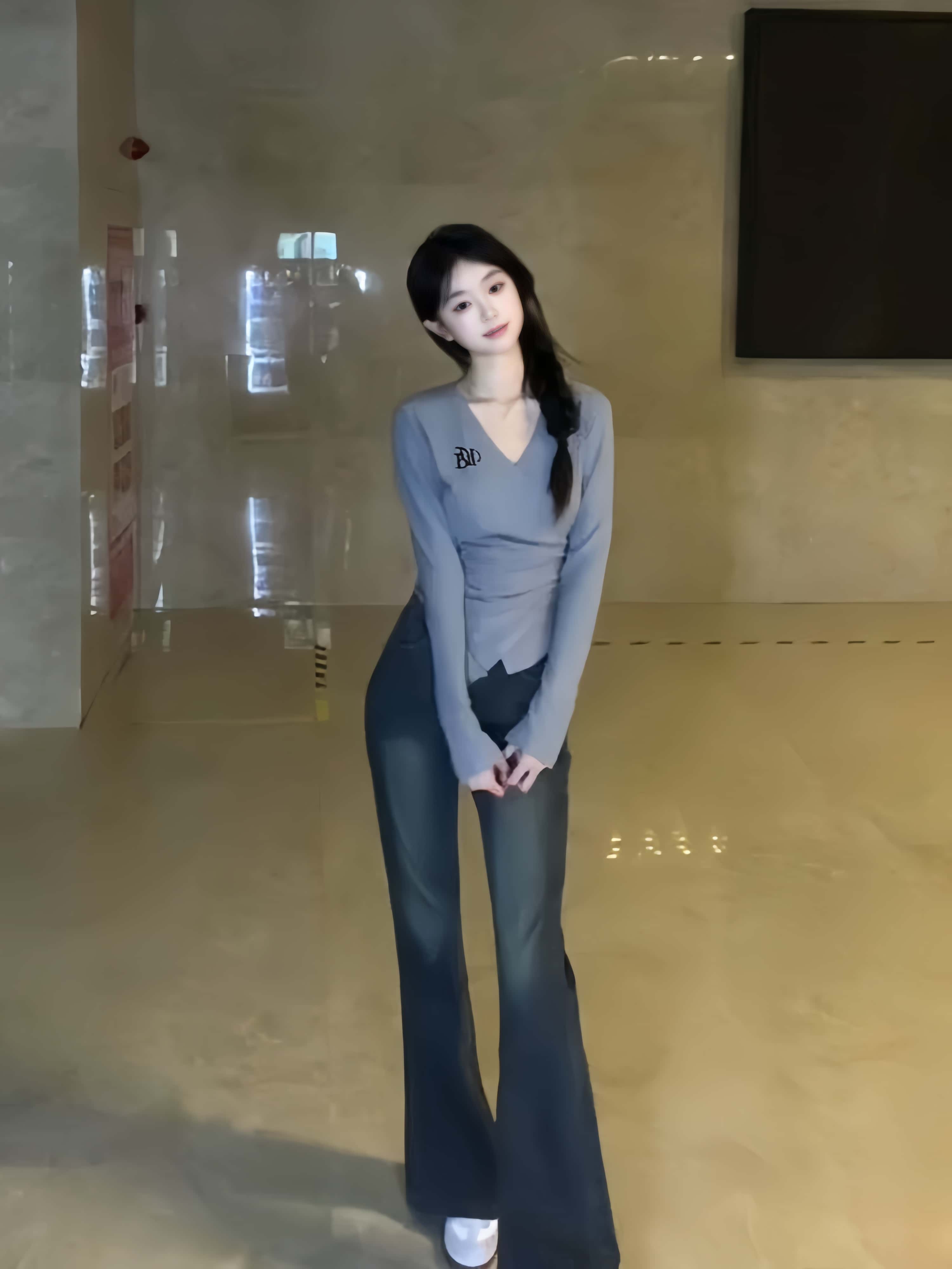 여성 브이넥 기모 슬림핏 언발 섹시 스판 티셔츠 스커트 투피스 - 상세 이미지 2
